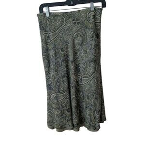 Vintage Y2K Casual Corner Paisley Silk Green Bohemian Skirt Size 10